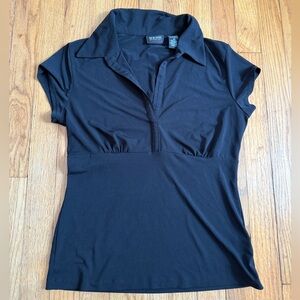 New York & Company Black Short-Sleeve Polo V-Neck Top